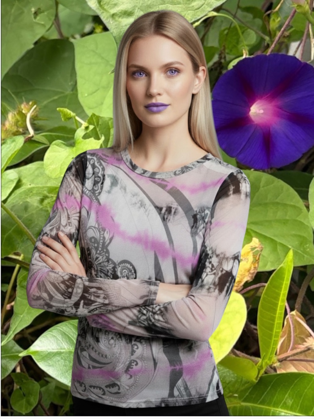 Emilio Pucci Pink, Gray & Black Printed Long-Sleeve Scoop Neck Top